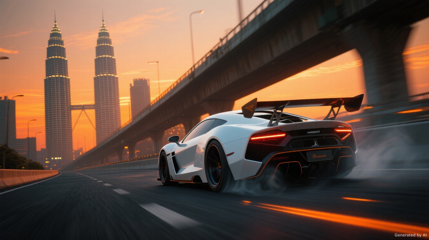 3D illustration of a white sports car on a Kuala Lumpur highway at sunset.